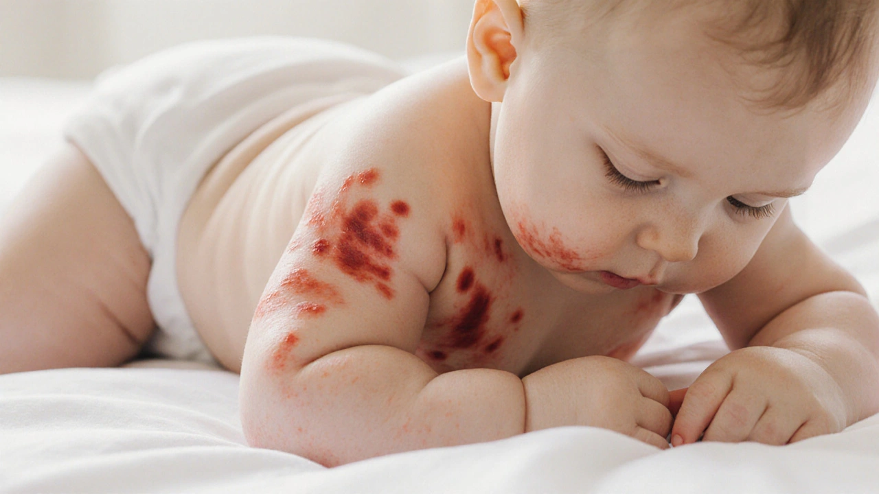 Červená plošná vyrážka na těle batolete po ústupu horečky.