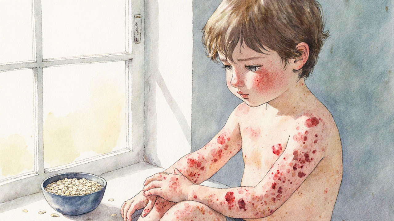 Dítě s neštovicemi v střední fázi, s červenými skvrnami, puchýřky a krustami na rukou.