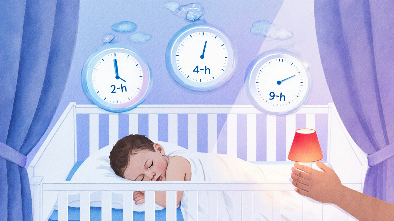 Dítě spí v postýlce, okolo něj jsou hodiny ukazující intervaly krmení a rodič provádí uklidňovací rituál.