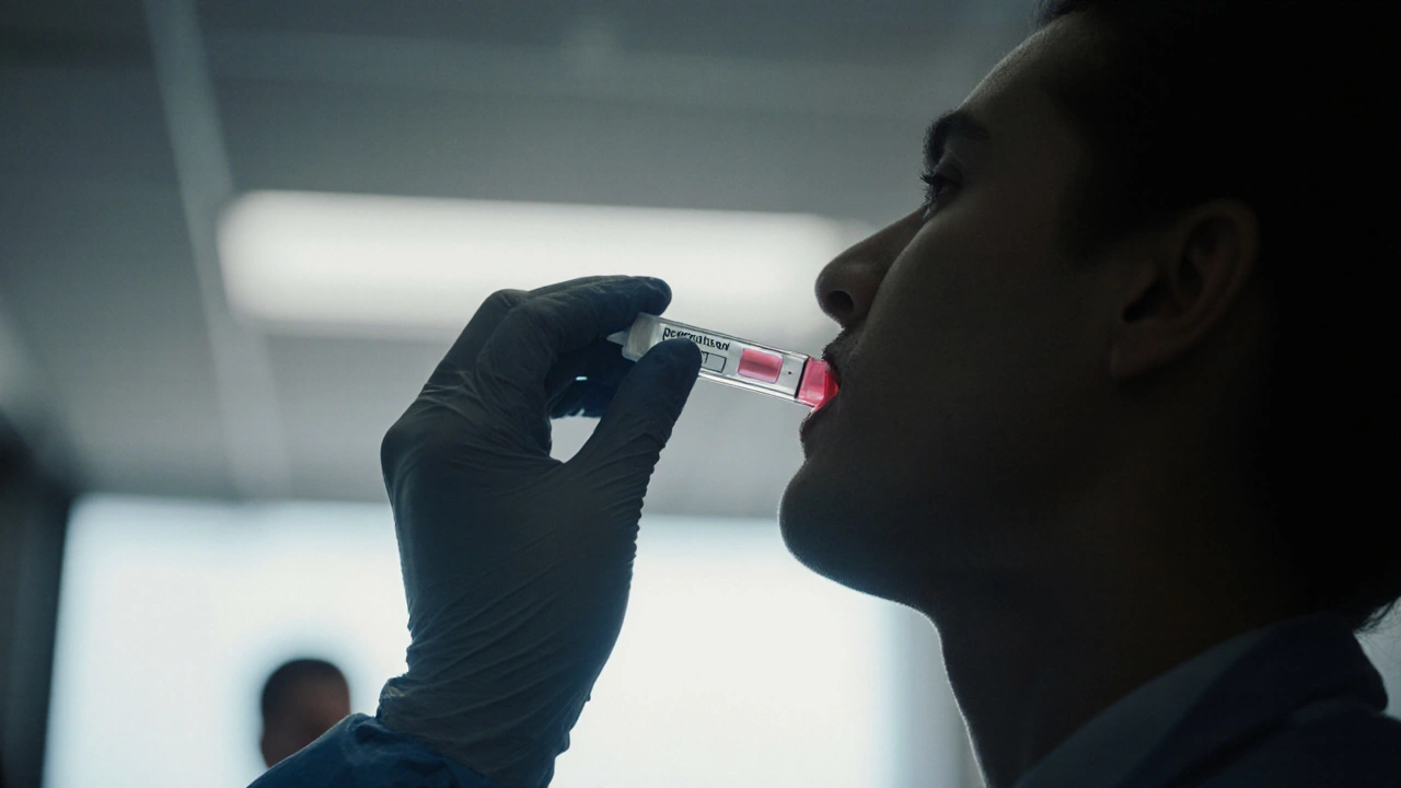 Doktor provádí rychlý streptokokový test pomocí vatové tyčinky a testového proužku.