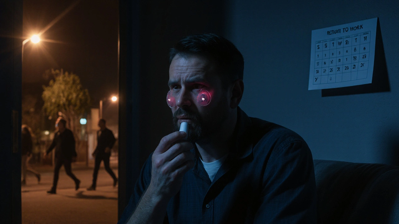 Dospělý muž s příušnicemi sedí v klidné místnosti, když venku jdou lidé.