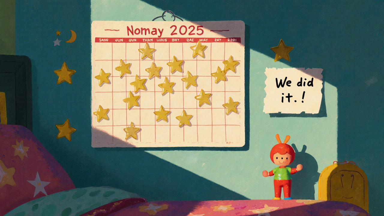 Kalendář s hvězdičkami za suché noci a malou hračkou na nočním stolku.