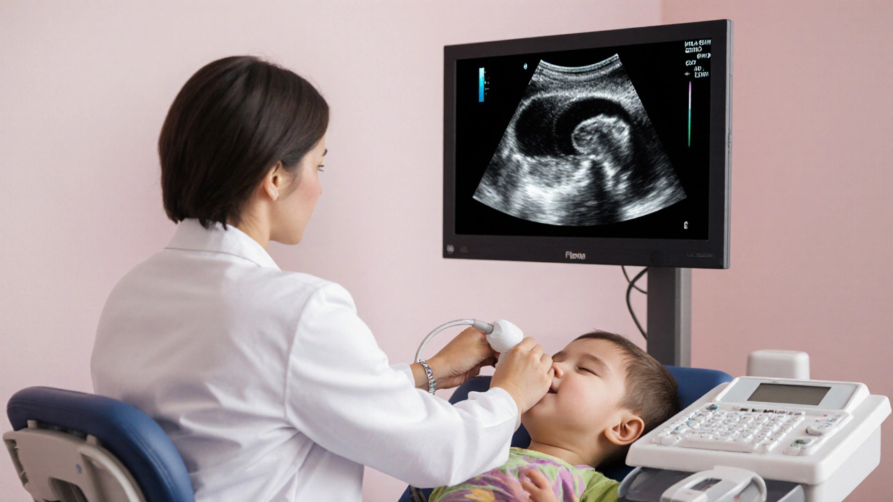 Lékař provádí ultrazvuk dítěte, na monitoru je vidět kapsa tekutiny v močovém měchýři.