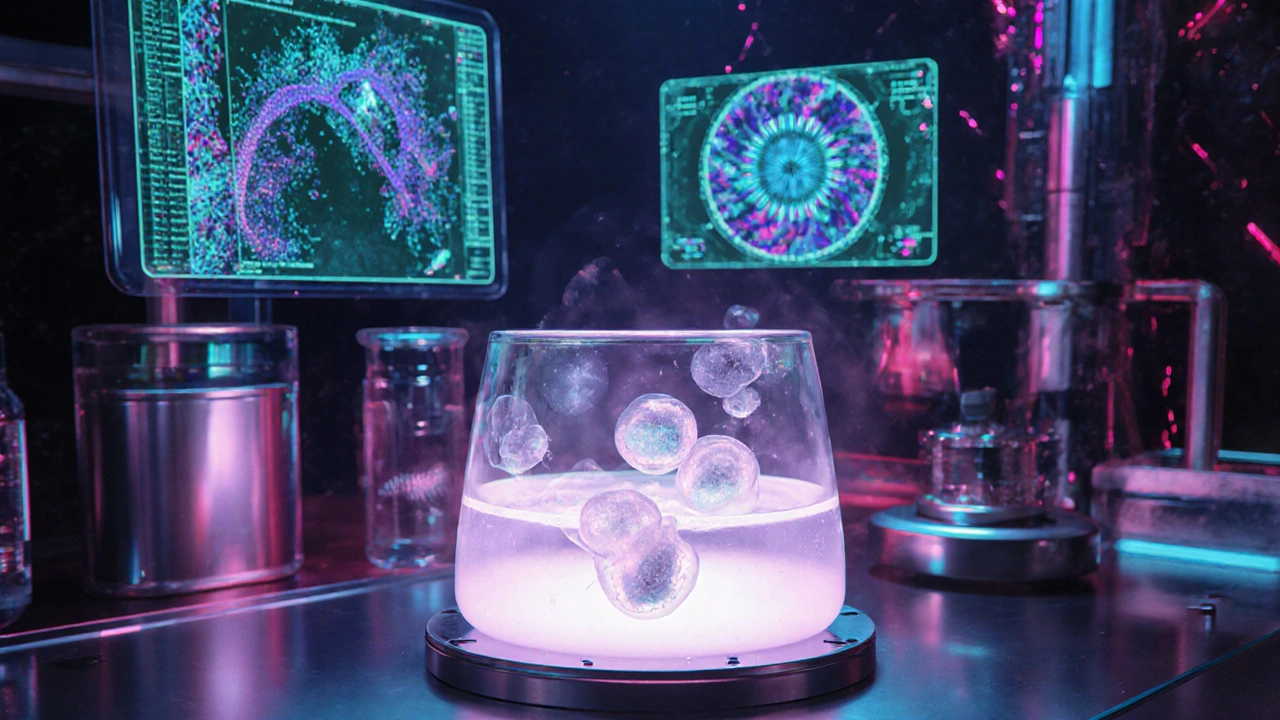 Moderní laboratoř s kultivovanými buňkami slinných žláz a holografickými daty proteomu.