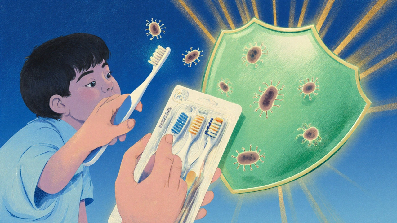 Nový kartáček na zuby jako součást prevence po léčbě angíny.