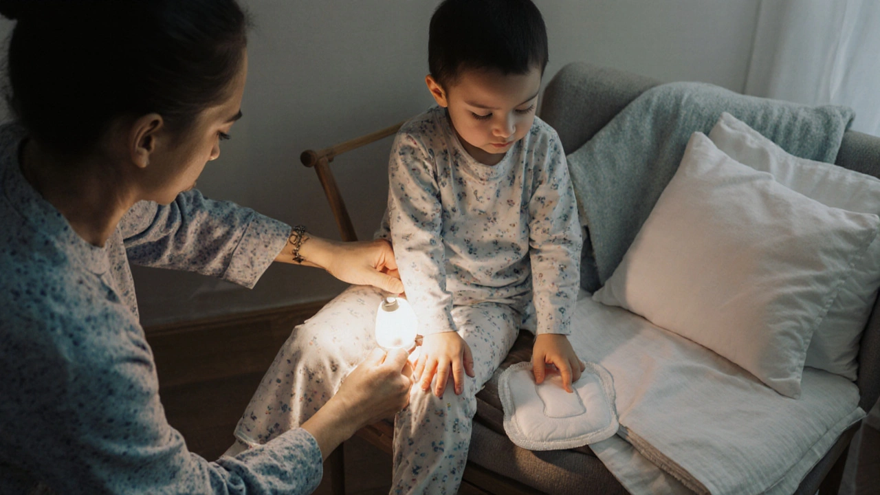 Rodič pomáhá dítěti změnit pyžamo po nočním pomočování při slabém osvětlení.