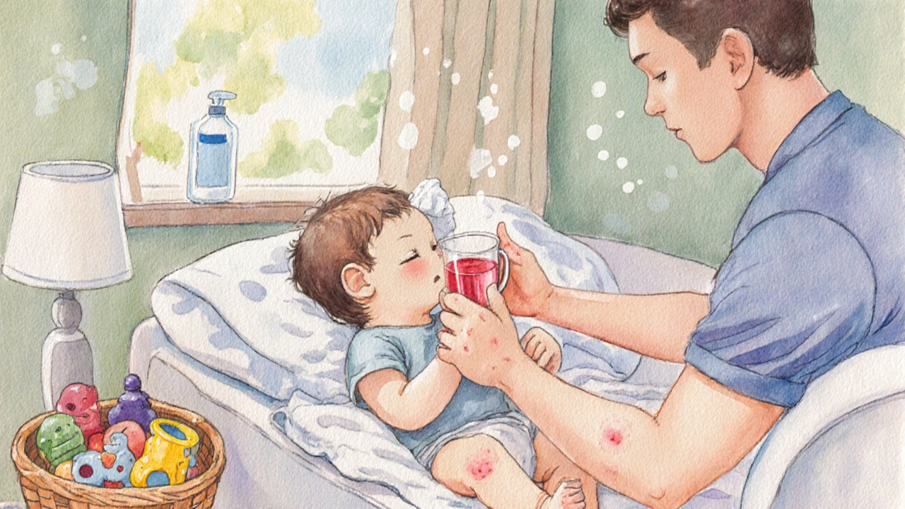 Rodiče starají se o dítě s exantémou, podávají tekutiny a čistí hračky.