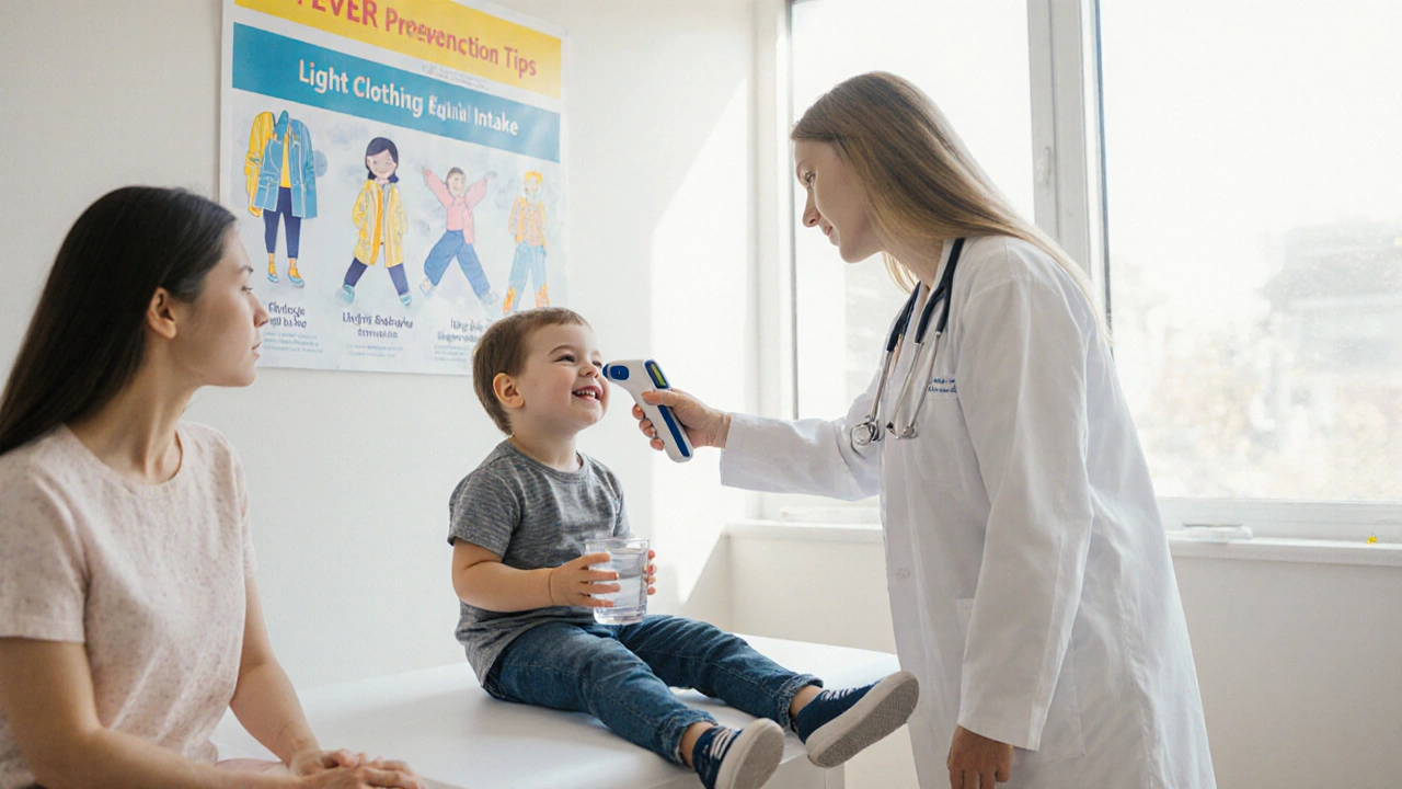 Rodina v ordinaci, lékař kontroluje dítě, ukazuje preventivní péči.