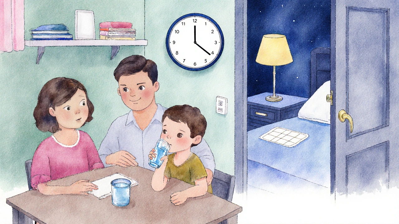 Rodina večerně pije vodu a připravuje dítě na spánek s alarmovým polštářkem, ukazující prevenci nočního pomočování.