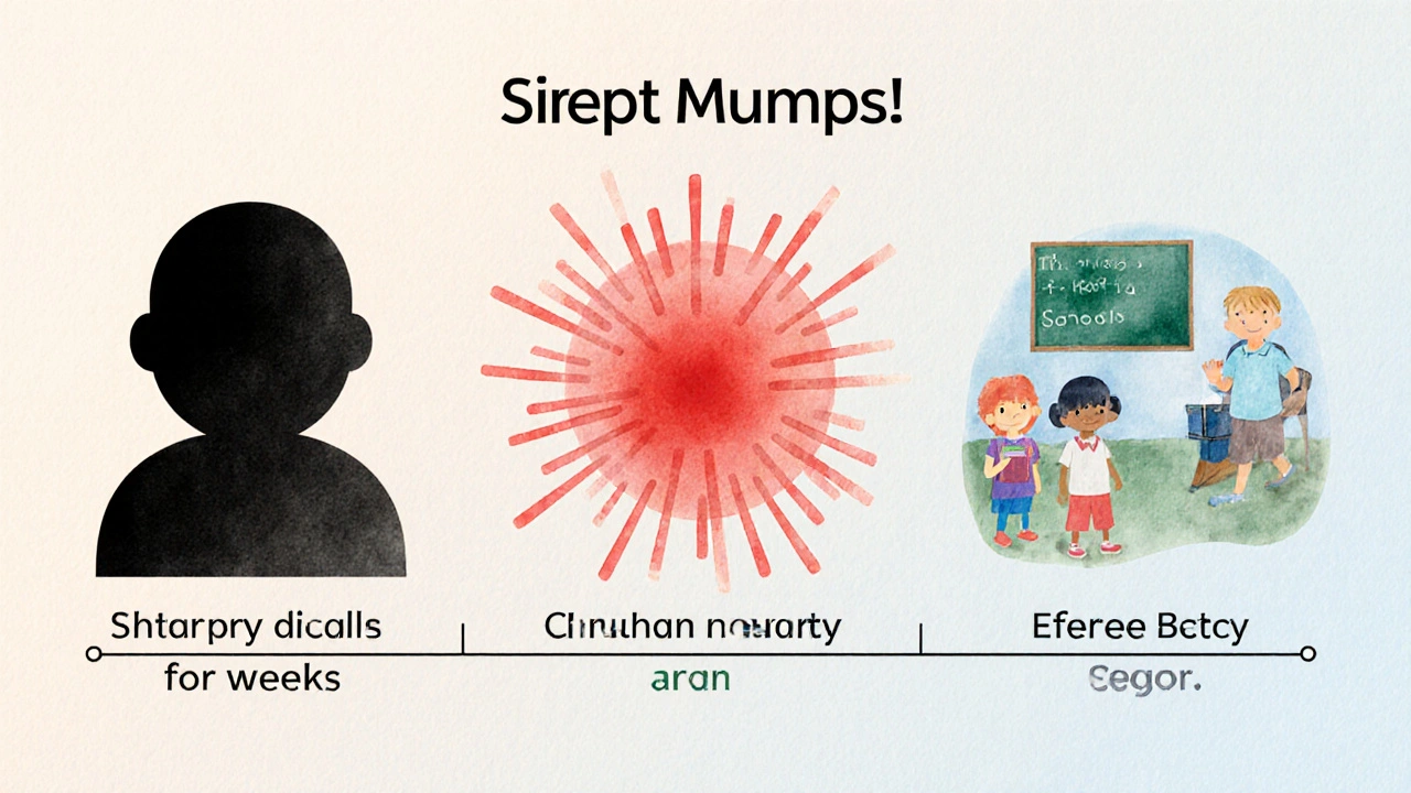 Vizuální časová osa tří fází příušnic: inkubace, akutní fáze a zotavení.