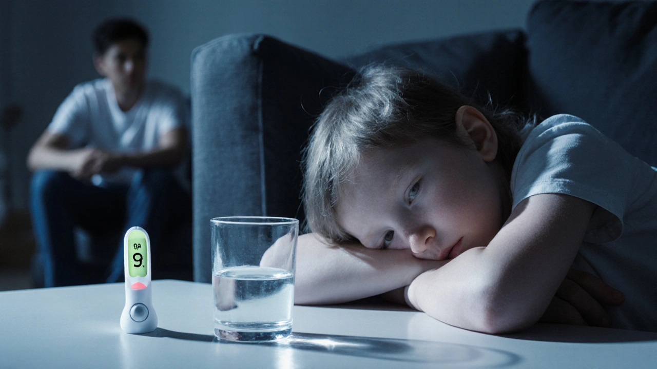 Vyčerpané dítě na kanapě s vysokou horečkou a elektrolyty na stole.