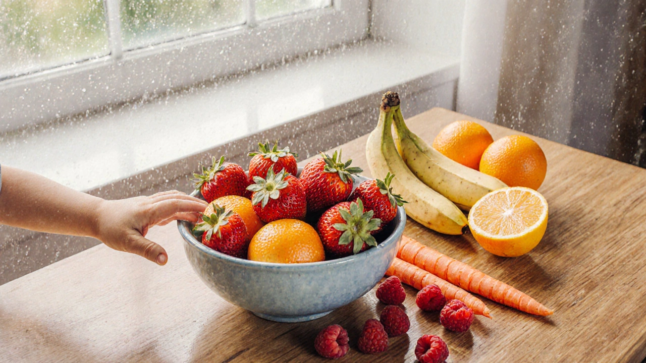 Barvité ovoce na dřevěné desce, jahody, mandarinky a banány, citrusy v pozadí odstraněny.