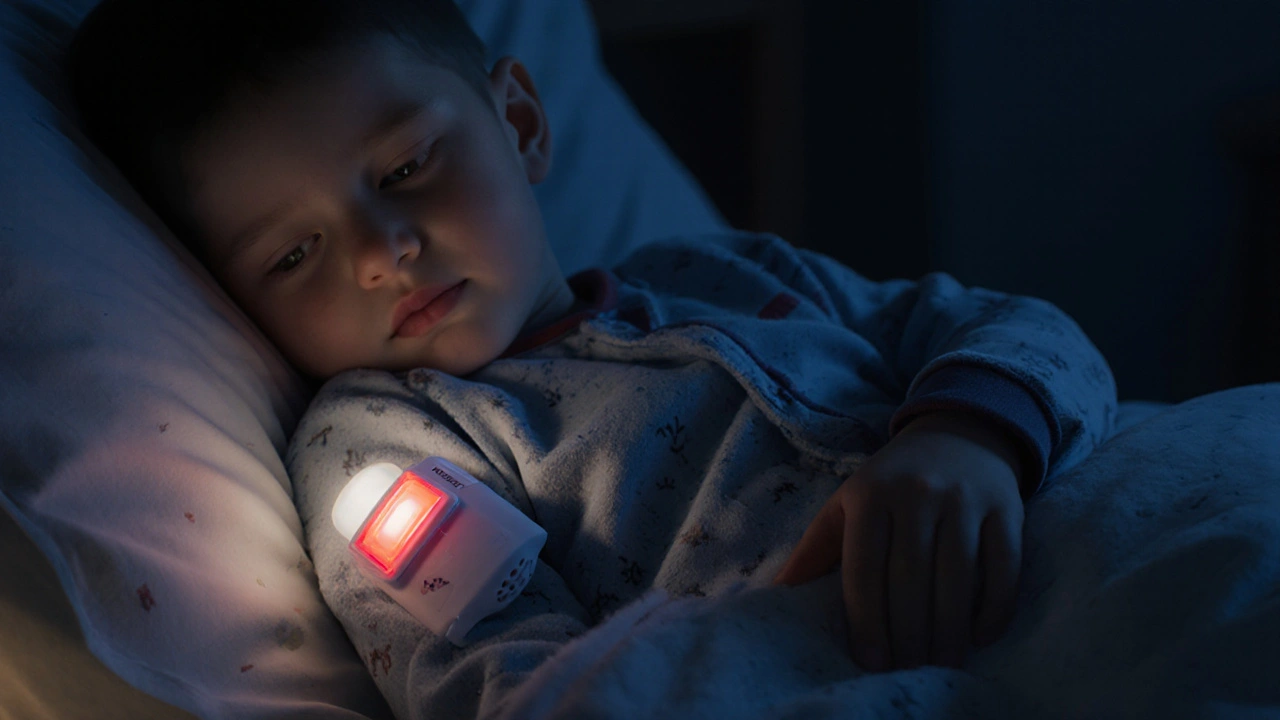 Dětské pyžamo s alarmem na močení, který začíná zvoniť.