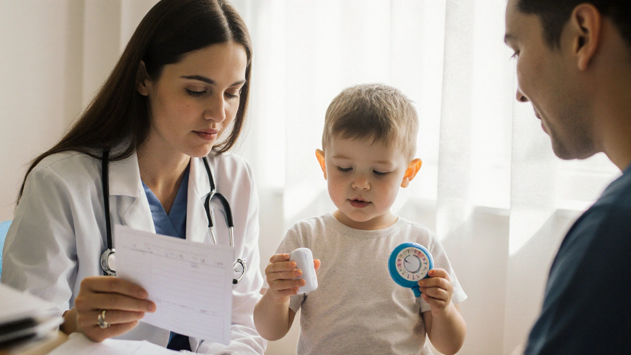 Dítě a rodiče spolu s lékařem procházejí deník nočního močení v přívětivé ordinaci.