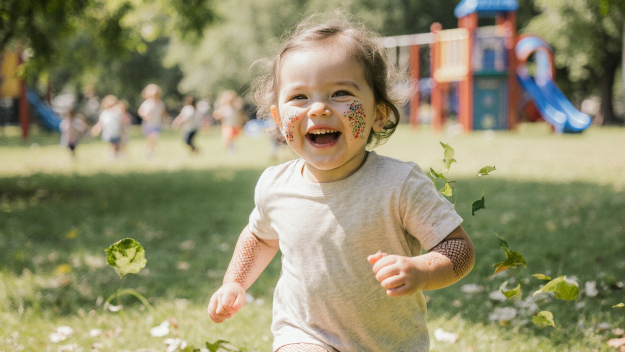 Dítě hraje na hřišti s viditelnou síťovitou vyrážkou na končetinách, slunce a radostný výraz.