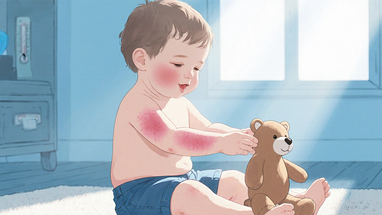 Dítě má jemnou růžovou vyrážku na těle a hraje si s panákem.