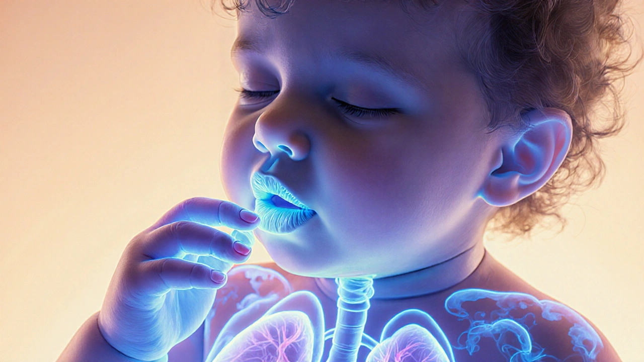 Dítě má modré rty a prsty, viditelně obtížně dýchá, pod kůží se jeví hromadění tekutiny v plicích.