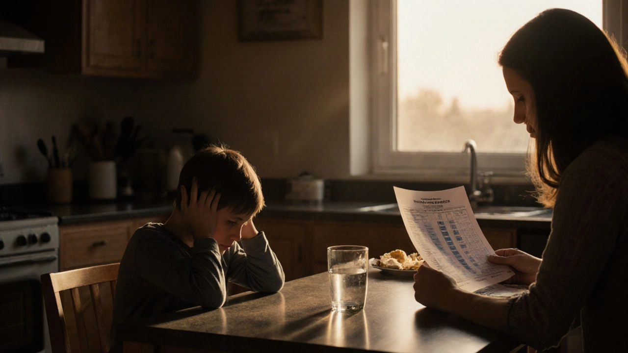 Dítě odmítá jíst v kuchyni, rodič drží lékařský výsledek.
