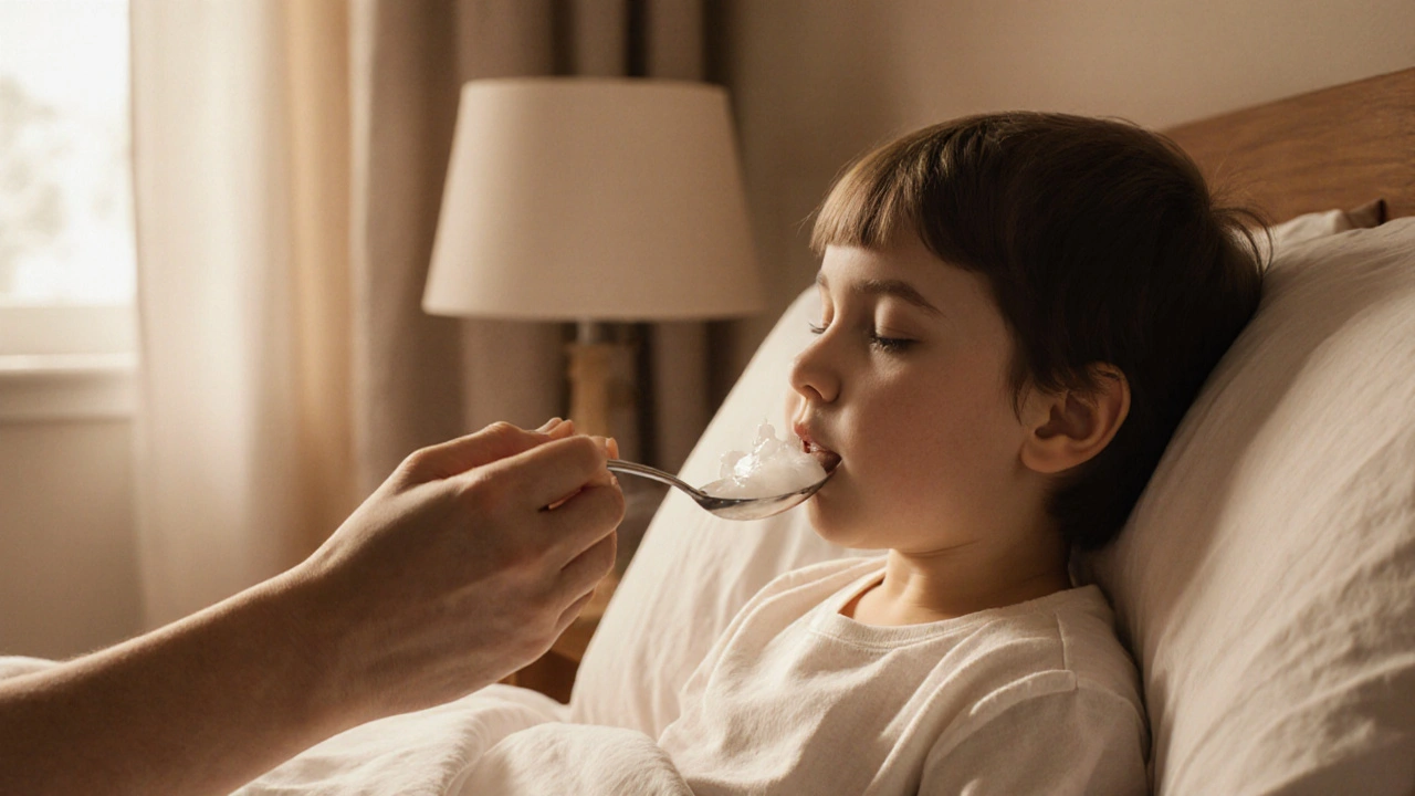 Dítě pije elektrolytový nápoj ze lžíce v klidném pokoji.