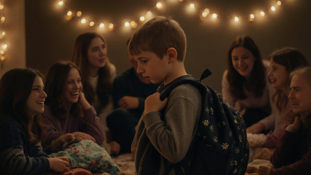 Dítě se cítí izolováno během spánku u kamarádů, drží batoh s náhradním oblečením.