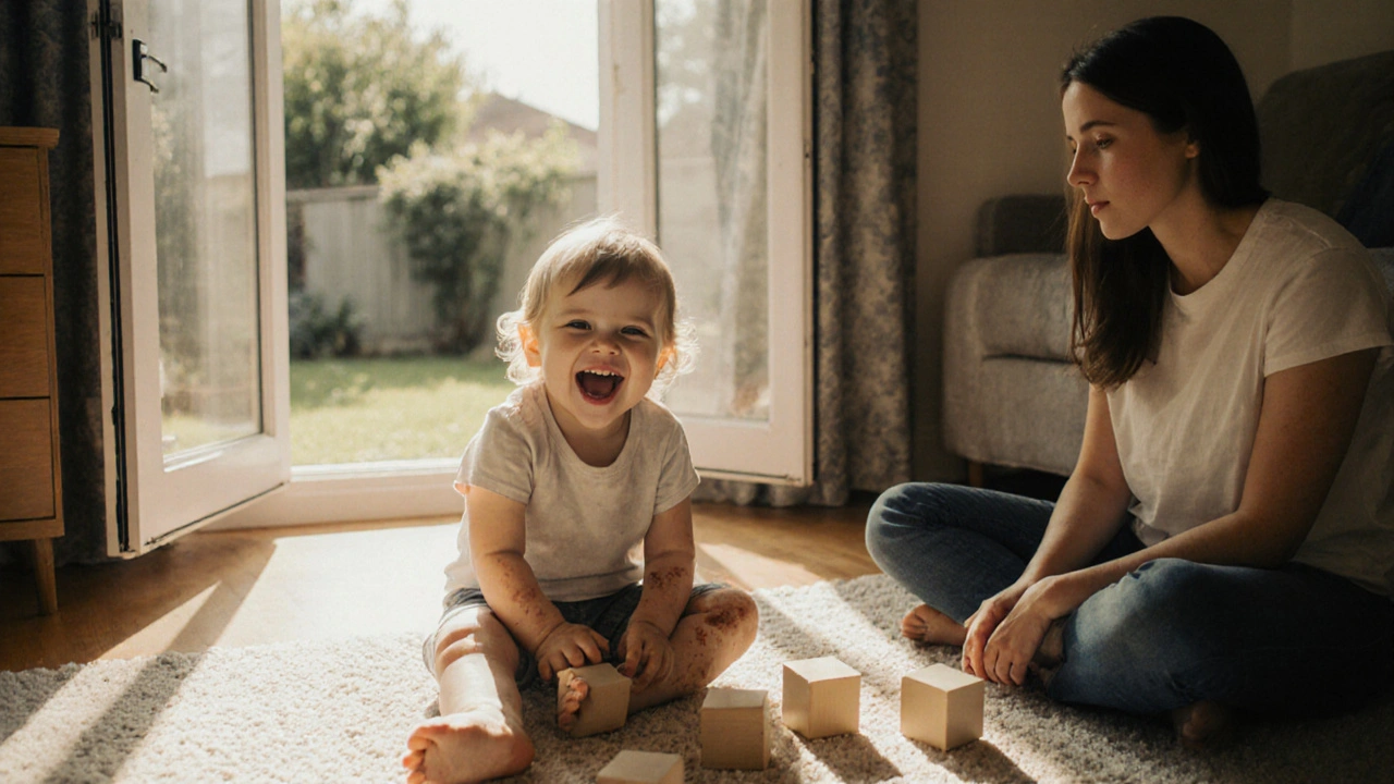 Dítě se směje, hraje si s kostkami, vyrážka už průhledně vypadá.