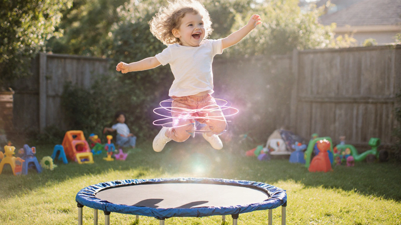 Dítě skáče na trampolíně, symbolicky znázorněny svaly pánevního dna jako elastické pásy.