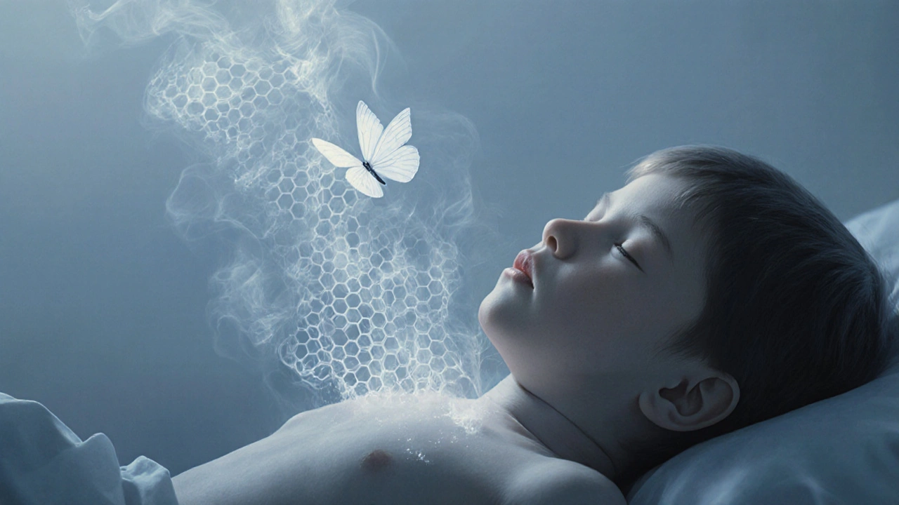 Dítě spí, nad jeho kůží se rozptylují průhledné vyrážky jako kouř.