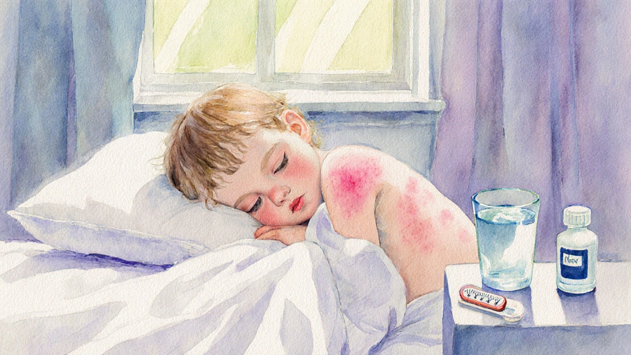 Dítě spí po křeči, na kůži je jemná růžová vyrážka, v pozadí klidný pokoj.