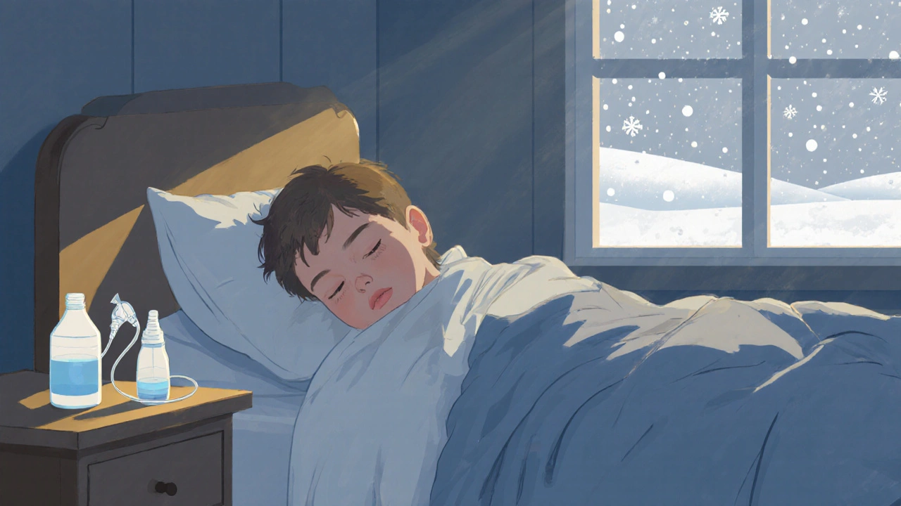 Dítě spí s lehce zvednutou hlavou, na nočním stolku aspirátor a roztok.