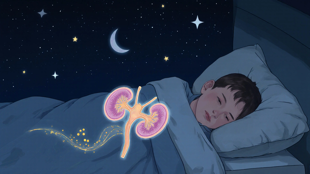 Dítě spí v posteli, zlaté částice symbolizují hormon snižující výrobu moče.