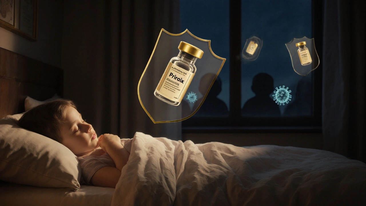 Dítě spící v posteli pod transparentní ochrannou štítem tvaru lahvičky s vakcínou.