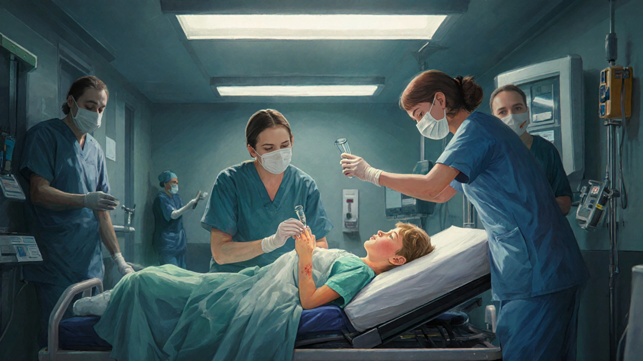 Dítě v nemocniční pohovce s vyrážkou, lékaři ho vyšetřují, jedna sestra testuje vyrážku sklenicí.