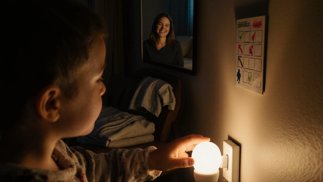 Dítě zapíná noční lampu, na zdi je plán s označeným pokrokem.