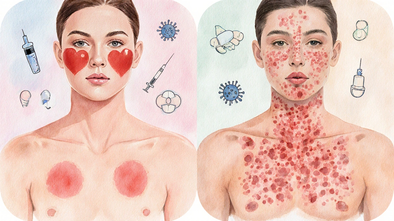 Dvě srovnávací výjevy kůže: pátá nemoc na tvářích a alergická reakce na těle