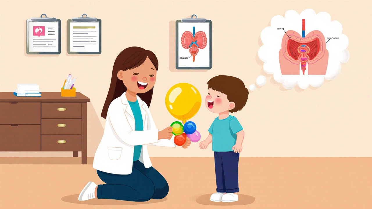 Fyzioterapeut s dítětem cvičí pomocí barevného balónku jako nástroje pro kontrolu svalů.