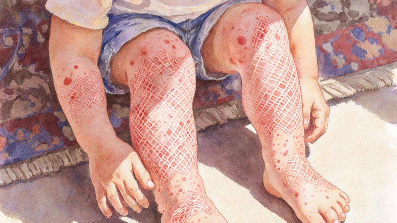 Jemná síťovitá vyrážka na pažích a nohou dítěte, vypadá jako jemný krajec na kůži.