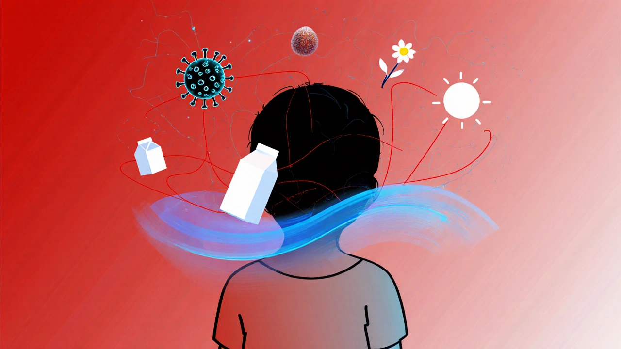 Koncepční obrázek dítěte s symboly příčin kopřivky, které se mění v klid.