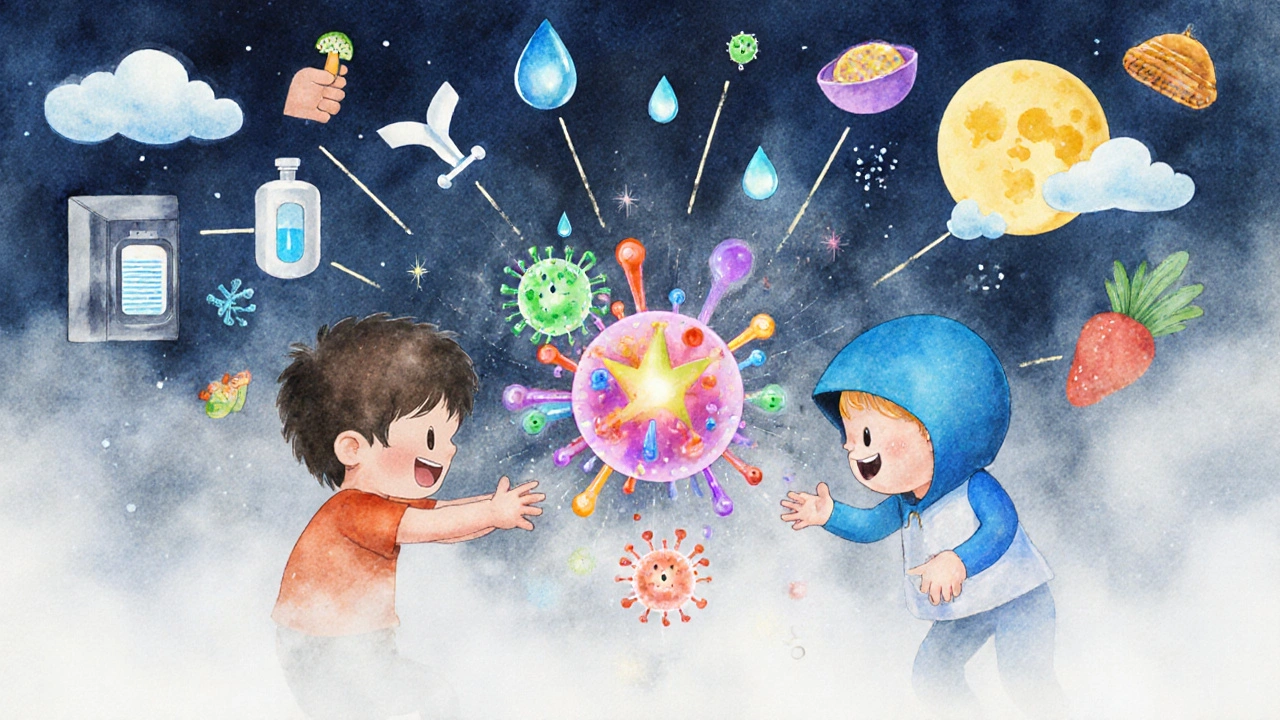Koncepční obrázek imunitního systému dítěte bojujícího s viry v dýchacích cestách.