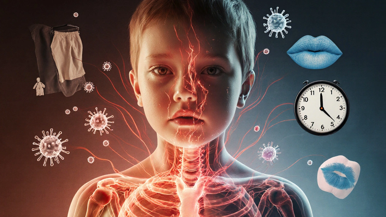 Koncepční obrázek těla dítěte jako bitvy: horečka jako červené vlny, bílé krvinky bojují proti virům.