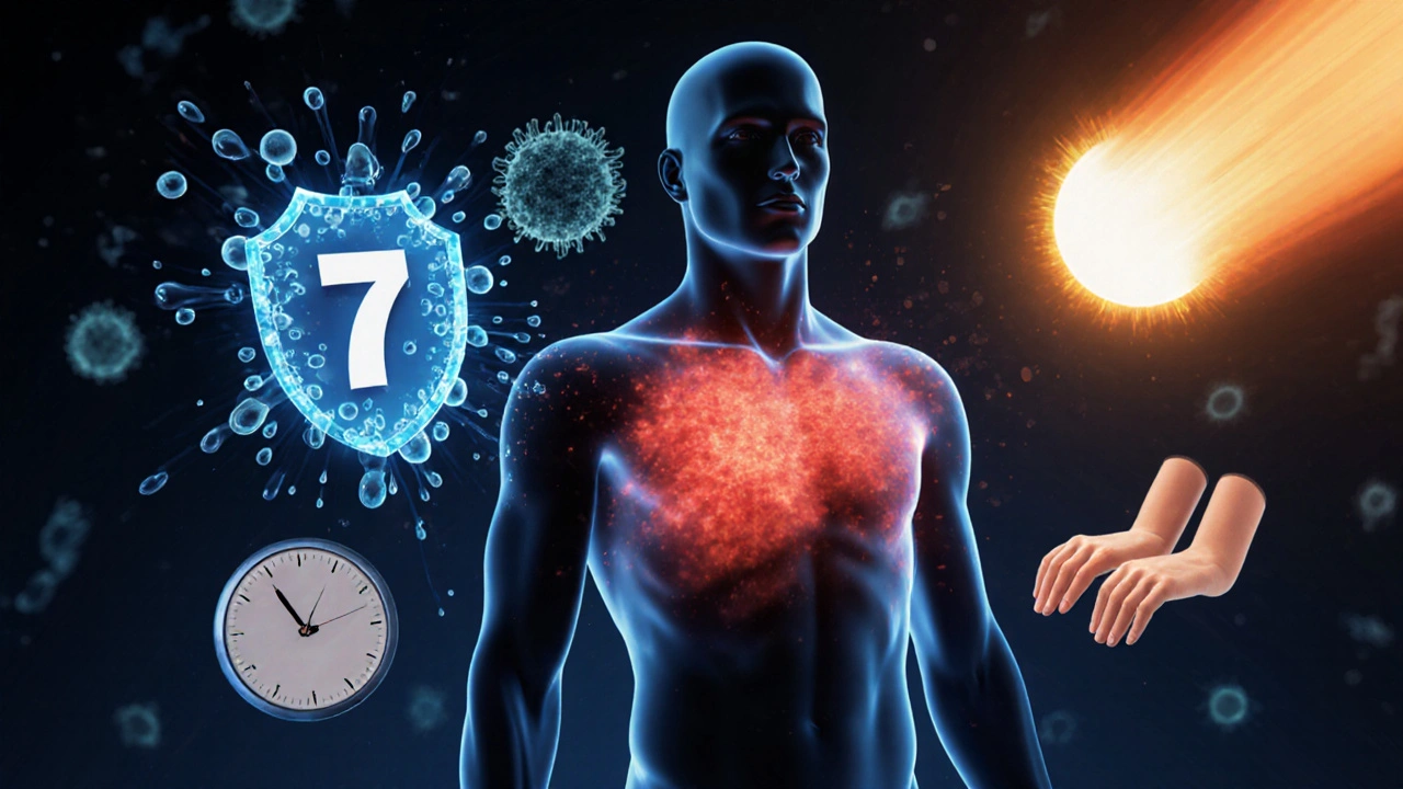 Koncepční obrázek těla s červenou vyrážkou a symboly podpory imunity.