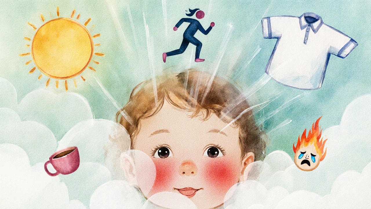 Konceptuální obrázek červené tváře, kde horko, aktivita a emoce mizí v mlze, zatímco chlad a klid převládají.