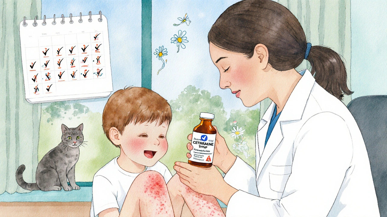 Lékař vyšetřuje dítě s miznou kopřivkou a drží antihistaminikum.