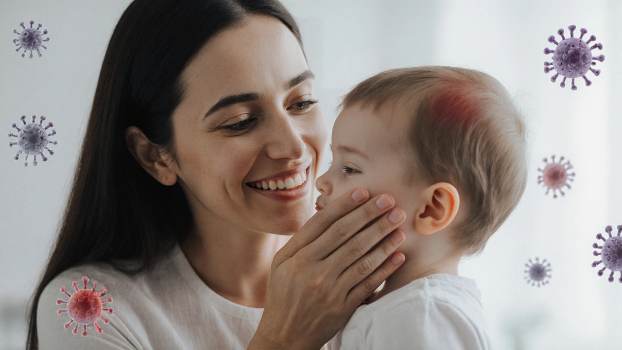Matka dotýká dítěte na tváři, symbolizující klid a nezáraznost po nakažlivé fázi.