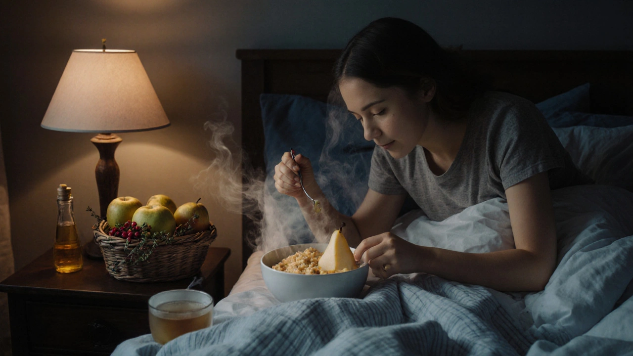 Matka krmit teplé hrušky nemocné dítě v posteli s čajem na nočním stolku.