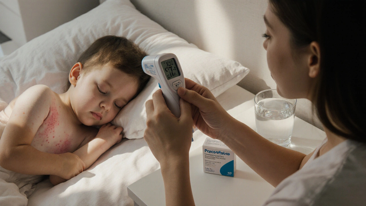 Matka měří teplotu dítěti po křeči, na těle je jemná vyrážka.