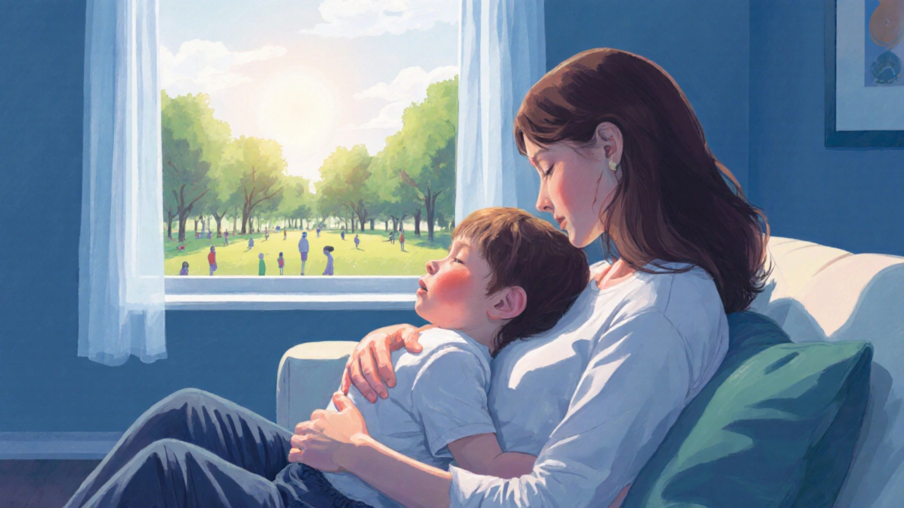 Matka uklidňuje dítě na kanapé, zatímco venku svítí slunce — symbolizující kontrolu teploty.