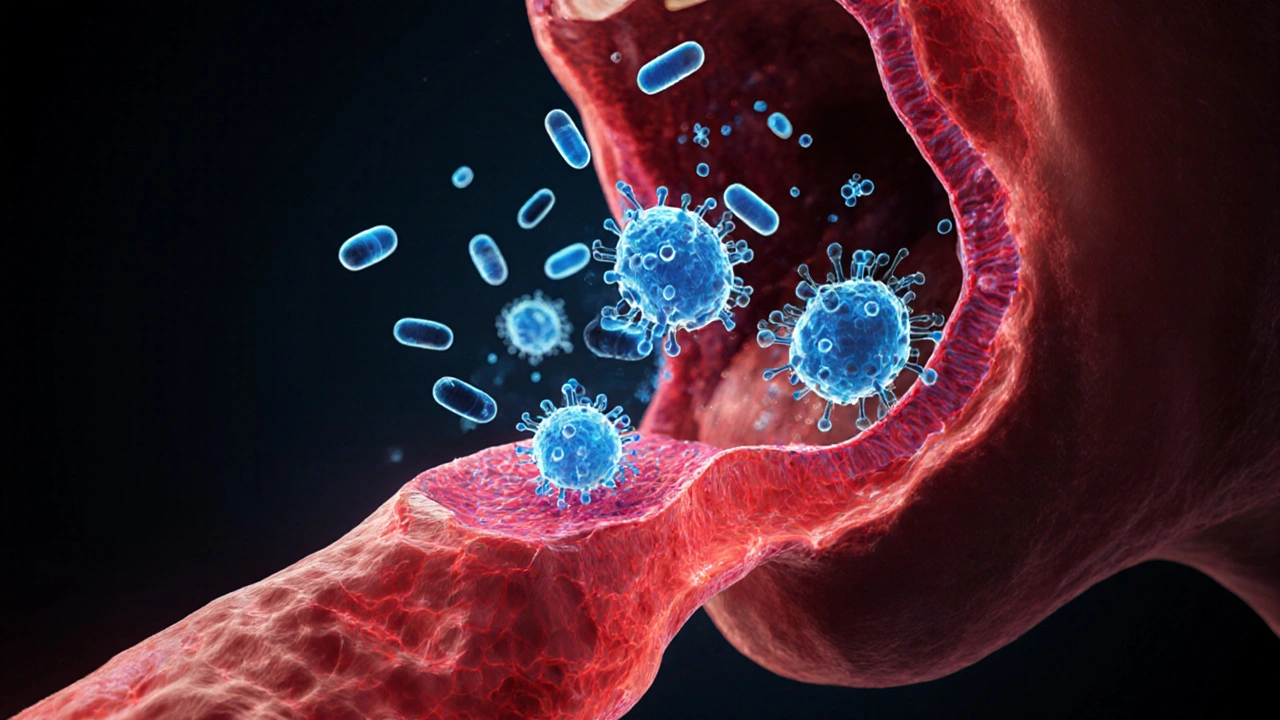 Mikroskopický pohled na streptokoky ničené molekulami penicilinu v krku.