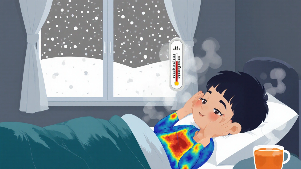 Miminko s horečkou klidně spí v teplém pokoji, zatímco venku sněží, symbolizující nebezpečí chladu.