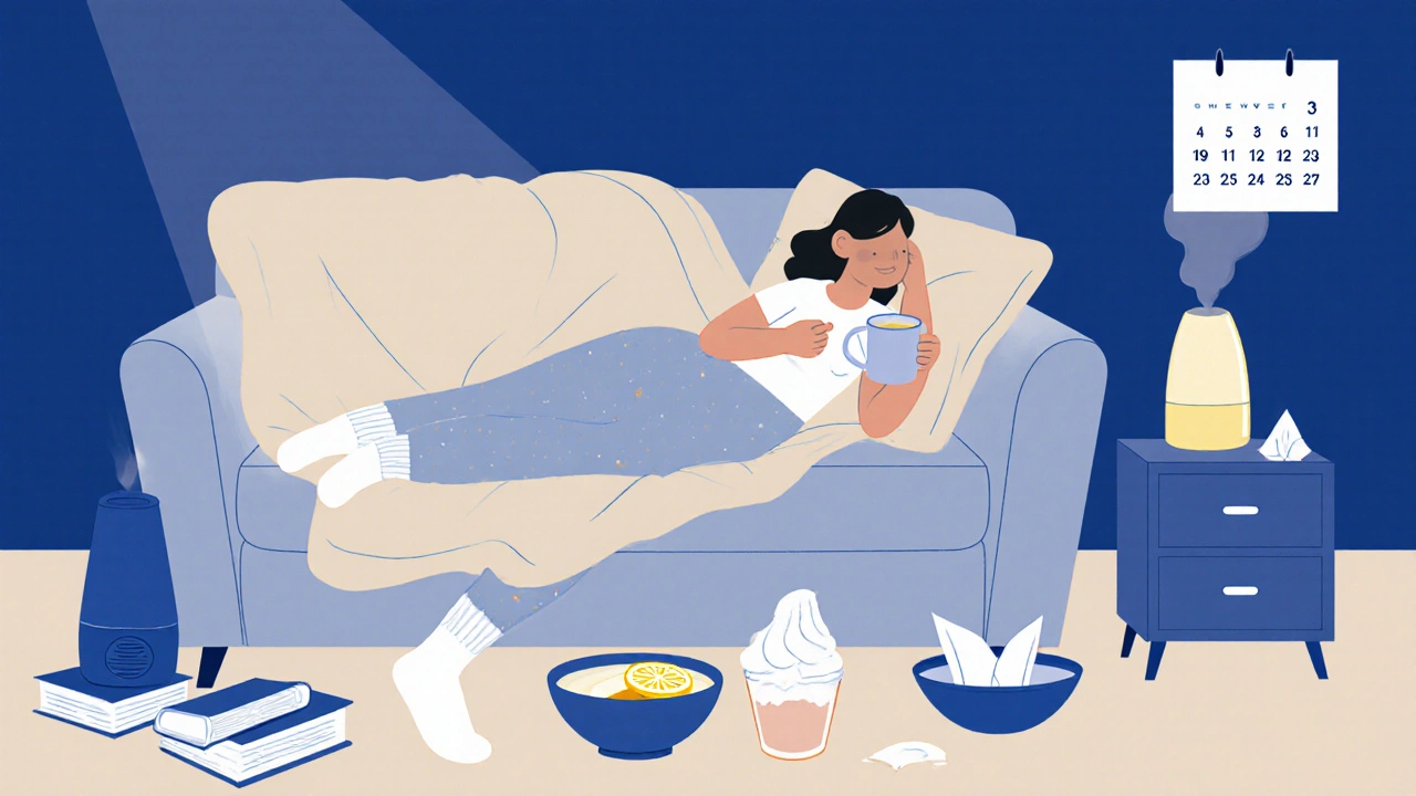 Osoba odpočívá s medově-citronovým nápojem a jogurtem.