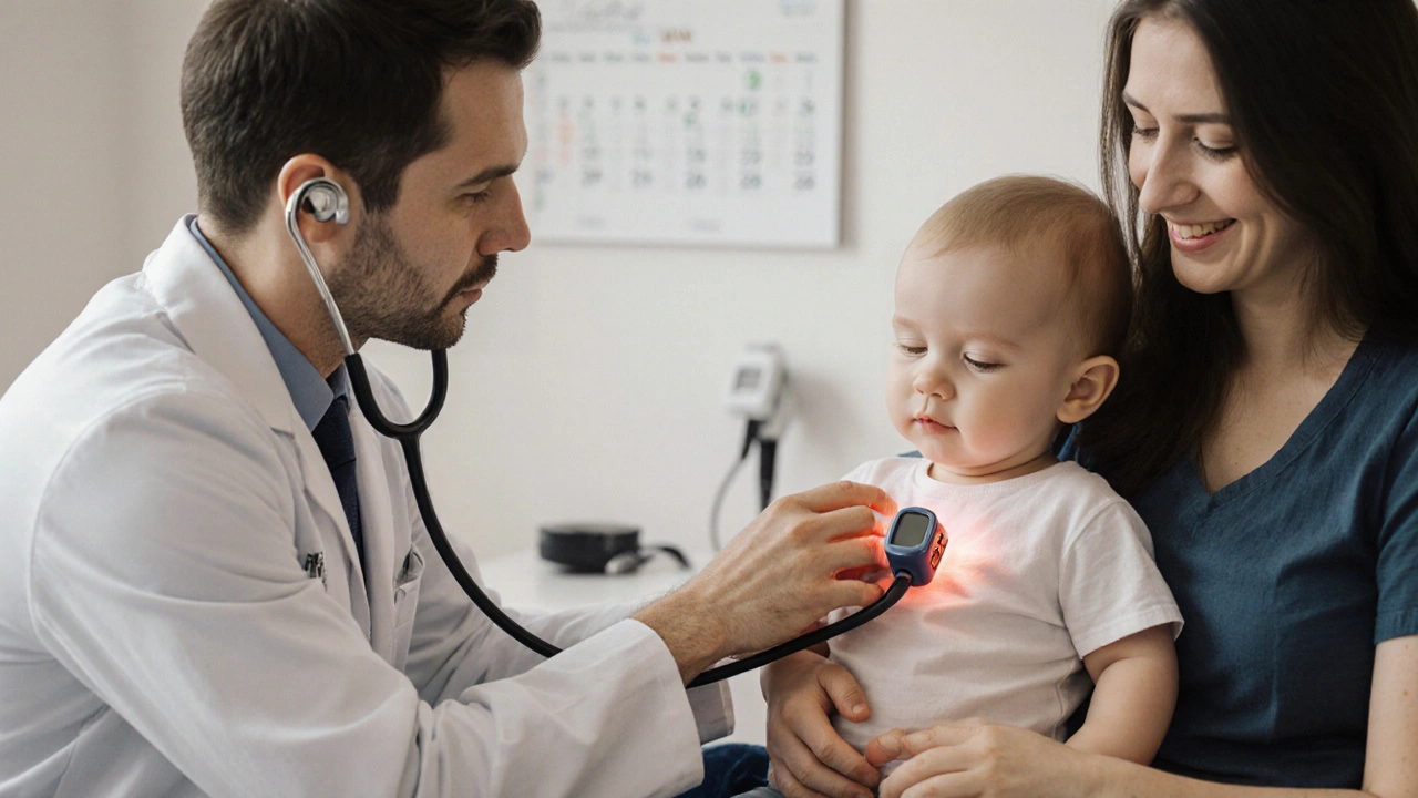 Pediatr poslouchá dítě stetoskopem, rodič ho drží na klíně, na prstu svítí senzor kyslíku.